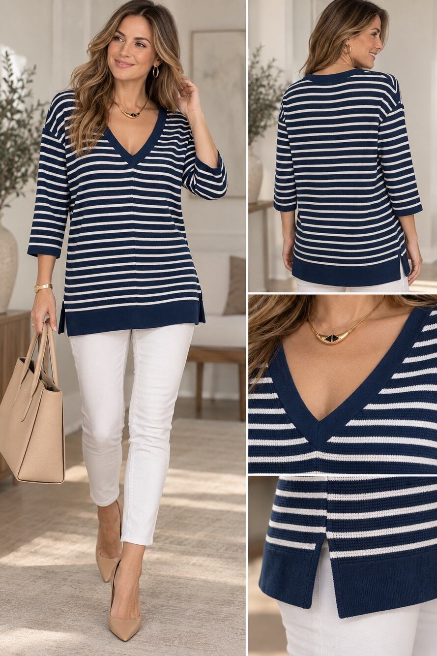 Lands’ End Size L 97% Cotton Navy White Striped V-Neck 3/4 Sleeve Knit Tunic
